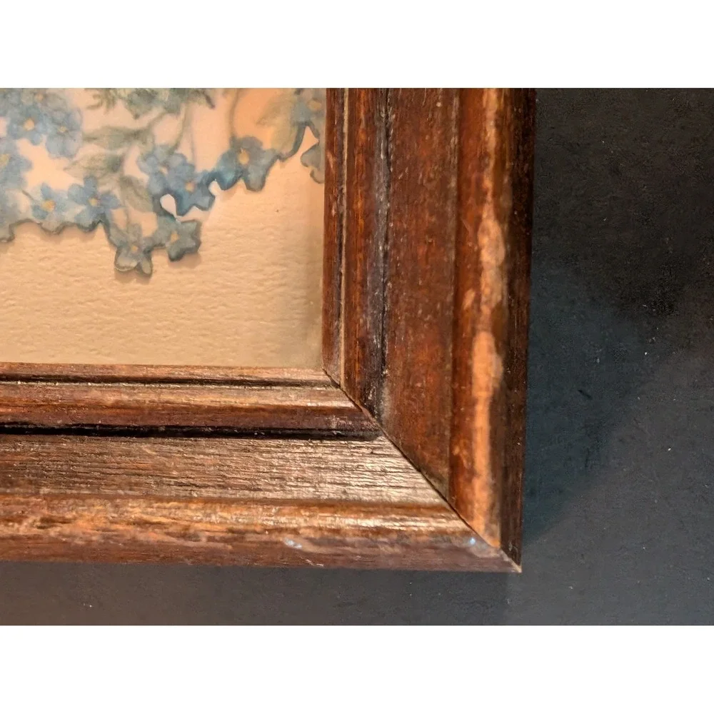 Vintage 70s Cottagecore Forget Me Not Child 3D Art Shabby Chic Thick Wood Frame